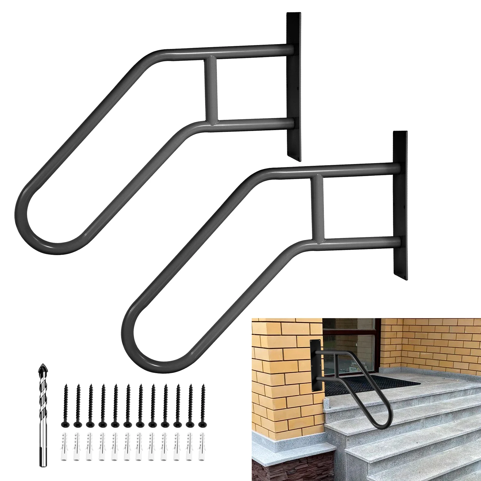 Sturdy Metal Handrails for 1-3 Steps, 2-Pack U-Shaped Grab Bars for Porch, Deck - Weatherproof Wall-Mounted Safety Rails