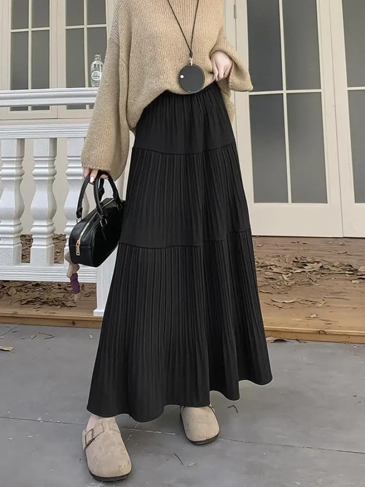

Vintage Women New Solid Elegant Vacation Pleated Skirt Autumn Elastic High Waist Slim Versatile A-line Long Skirt Ladies Popular