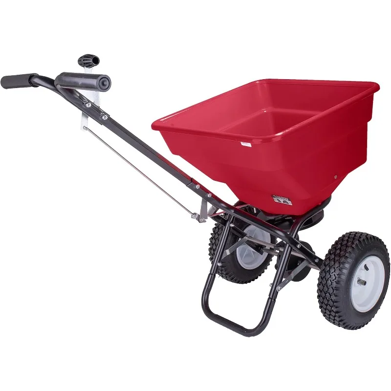 Commercial 100 LB Broadcast Fertilizer Spreader. Red, Heavy-Duty Walk-Behind Push Garden Seeder with Adjustable