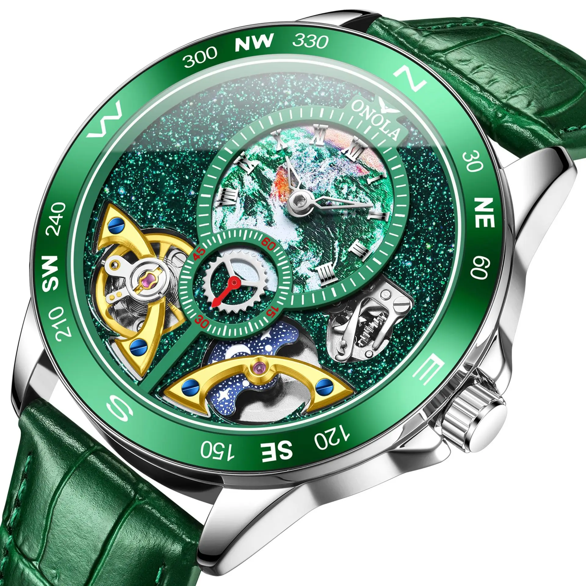 جديد فاخر مزدوج توربيون ساعة ميكانيكية رجال الأعمال جلدية السماء المرصعة بالنجوم الهاتفي مقاوم للماء الرجال ساعة أوتوماتيكية الرجال على مدار الساعة #4