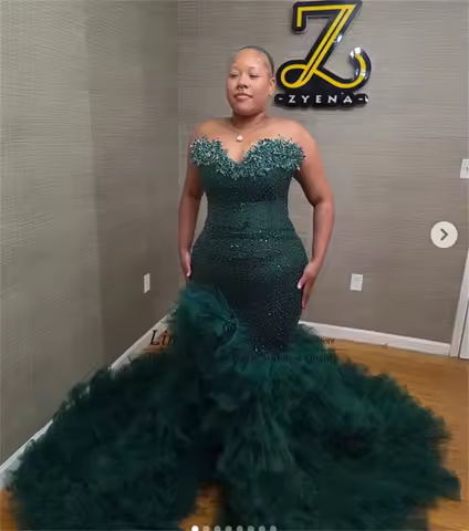 Shiny Sequins Mermaid Prom Dress Aso Ebi Beaded Crytals Formal Evening Gown Black Girl Customized Ruffles Wedding Party Dress