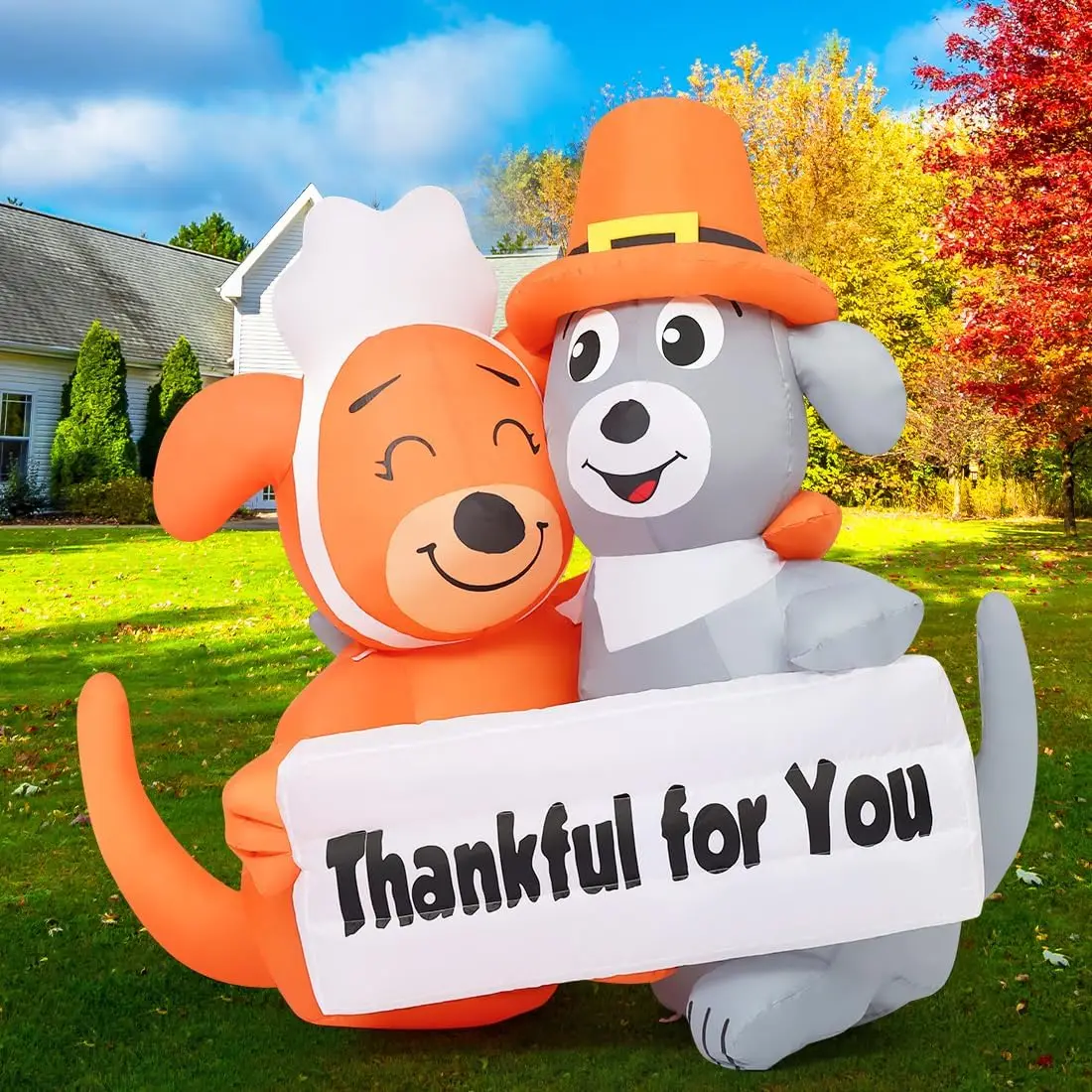Thanksgiving Inflatables Dog Duo 4.3FT Yard Decor with Built-in LEDs 'Thankful for You' Sign Festive Outdoor Home Decor