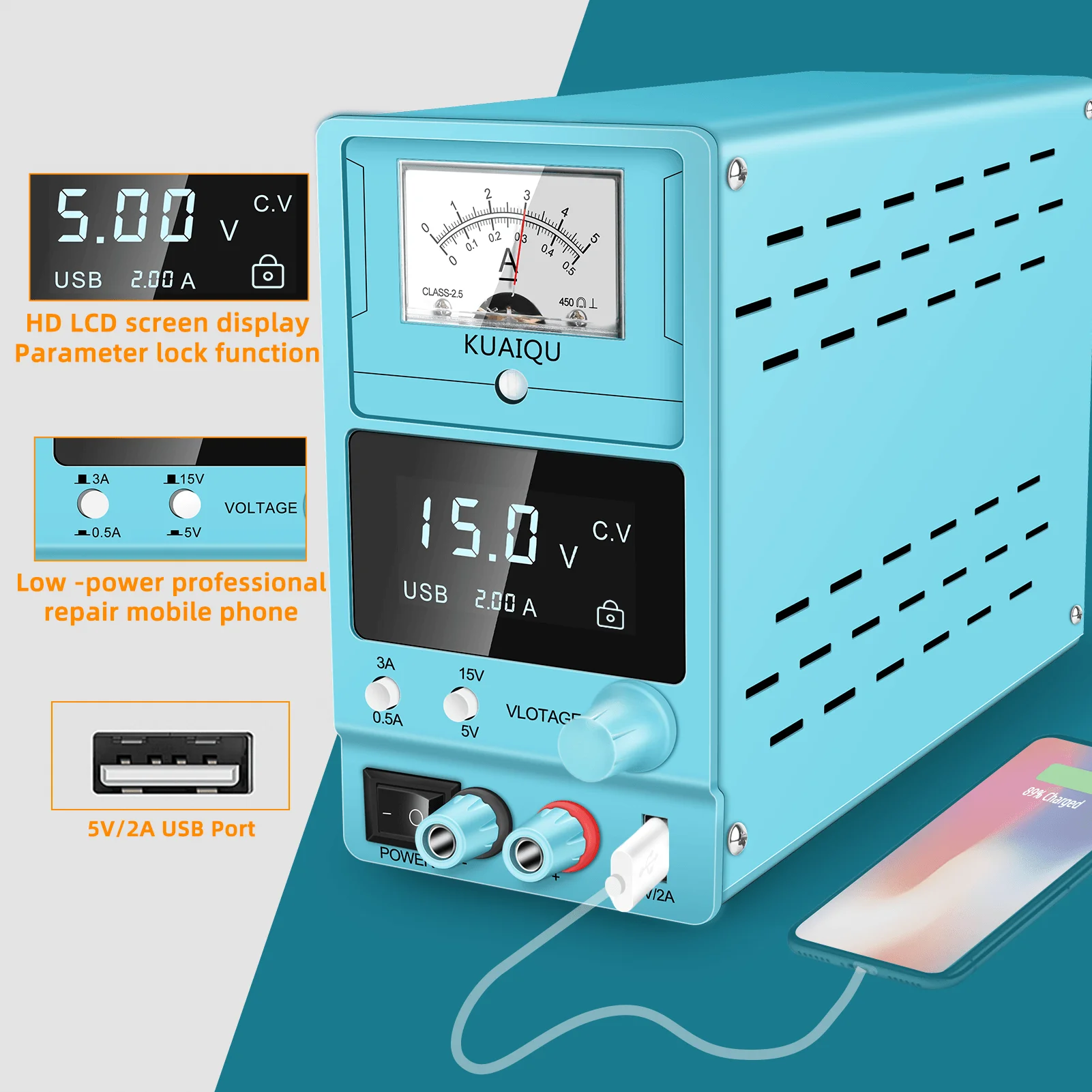 Catu Daya Linier Biru 15V 3A DC Catu Daya Bangku dengan Pengaturan Sakelar Dapat Disesuaikan dengan Penunjuk Tampilan Digital Besar Analog