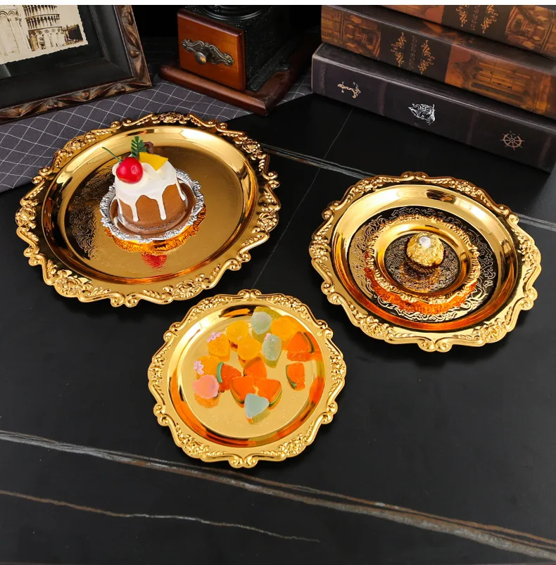 

Gold/Silver Embossed Wrought Iron Tray, Multi-Use for Fruit Snack Cake Jewelry Coaster & Dessert Table Display