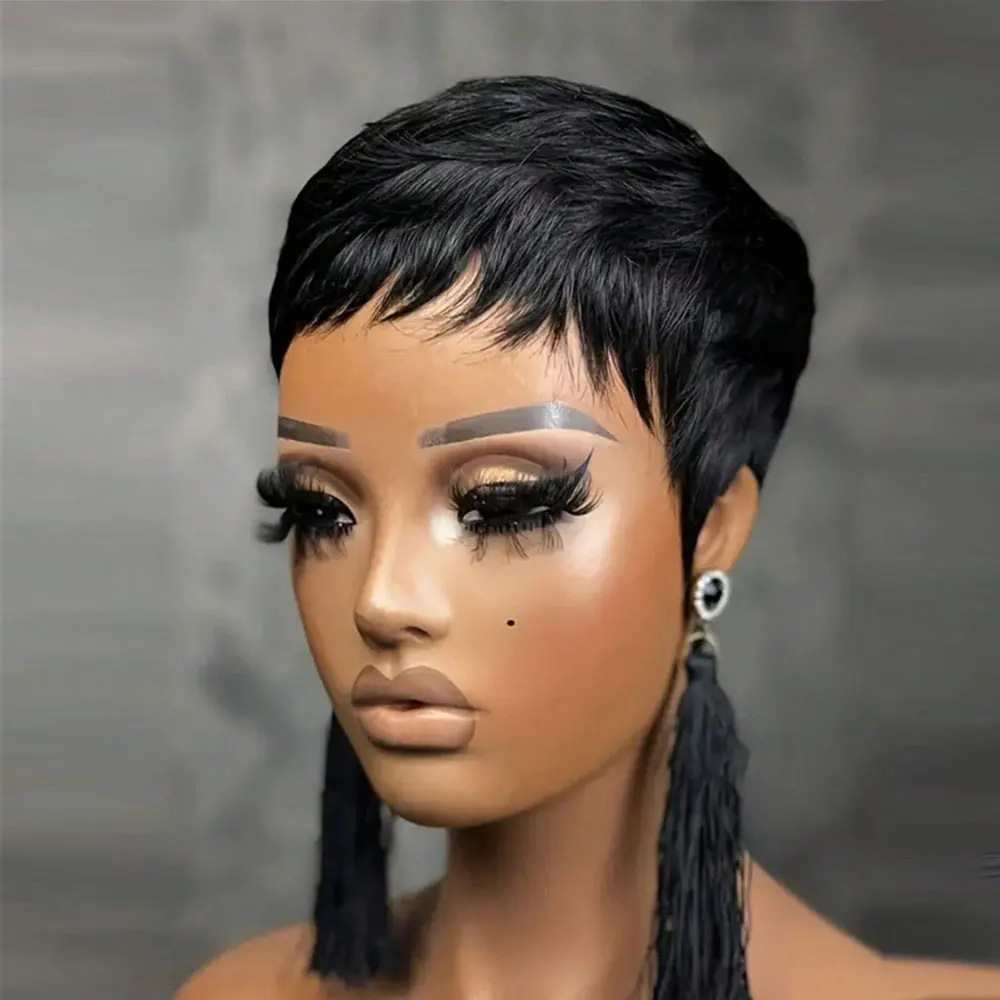 Wig Potongan Pixie Pendek Wig Rambut Manusia Brasil Lurus dengan Warna Hitam dan Merah Wig Buatan Mesin Penuh untuk Wanita Dijual