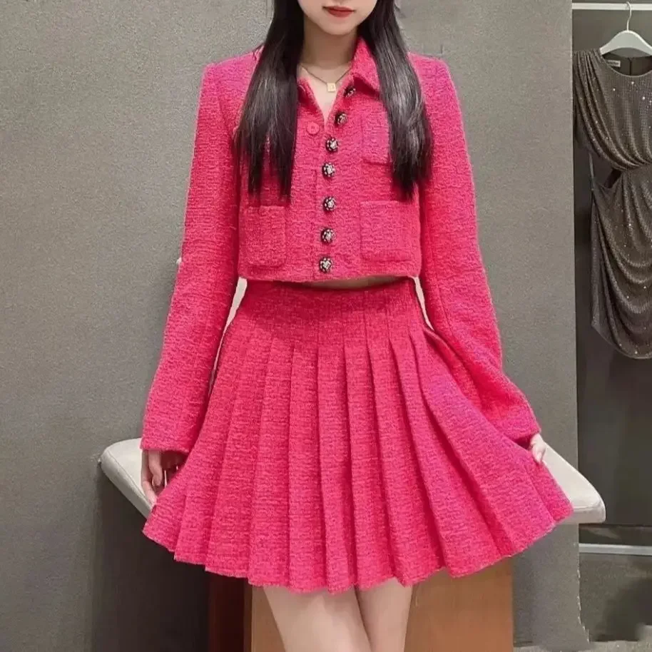 

Women rose red tweed set turn down collar casual short coat or mini Pleated skirt jacket