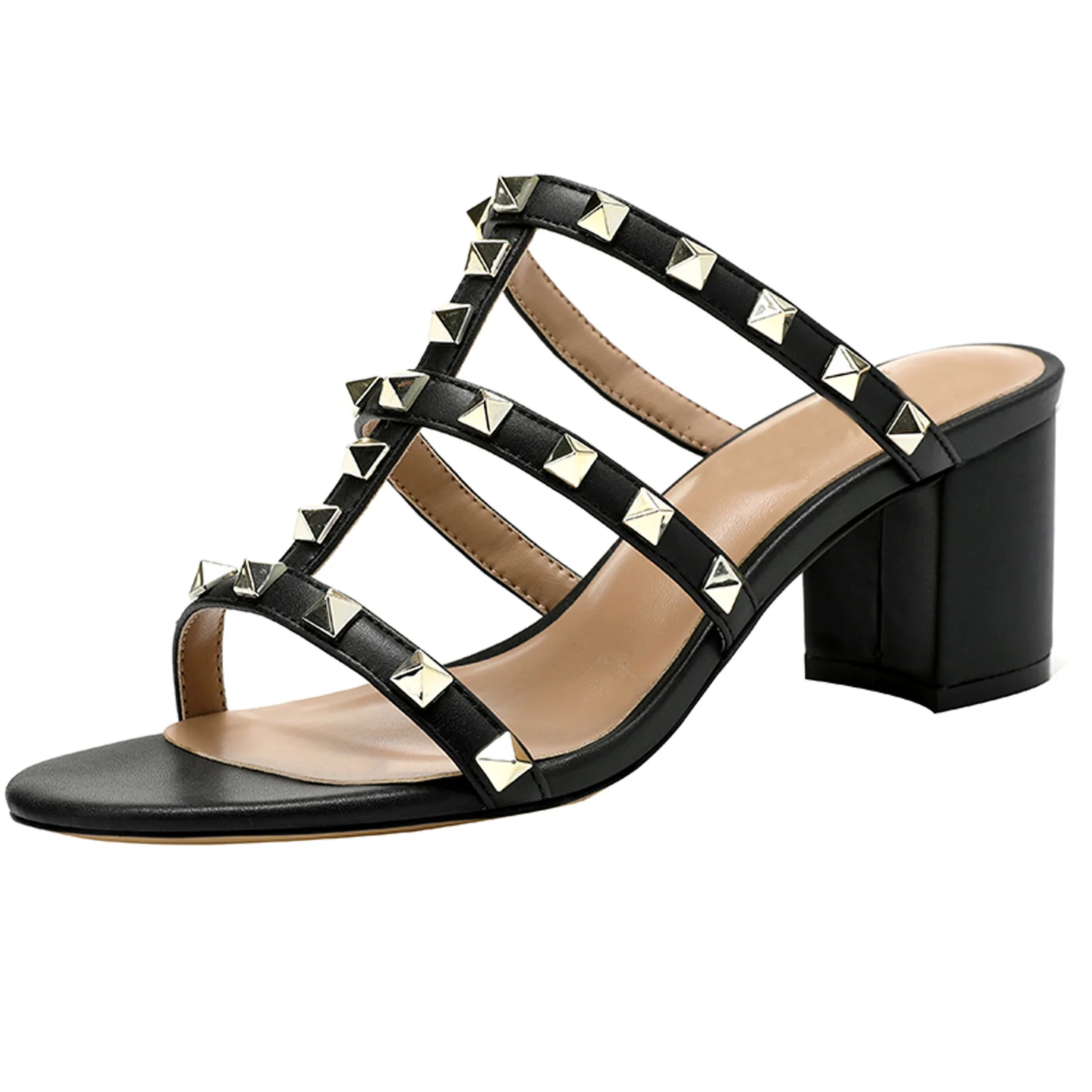 Rivets Strappy Luxury Designer Women Elegant Slide Sandals Block High Heel Shoe 【Measure your feet length before order】