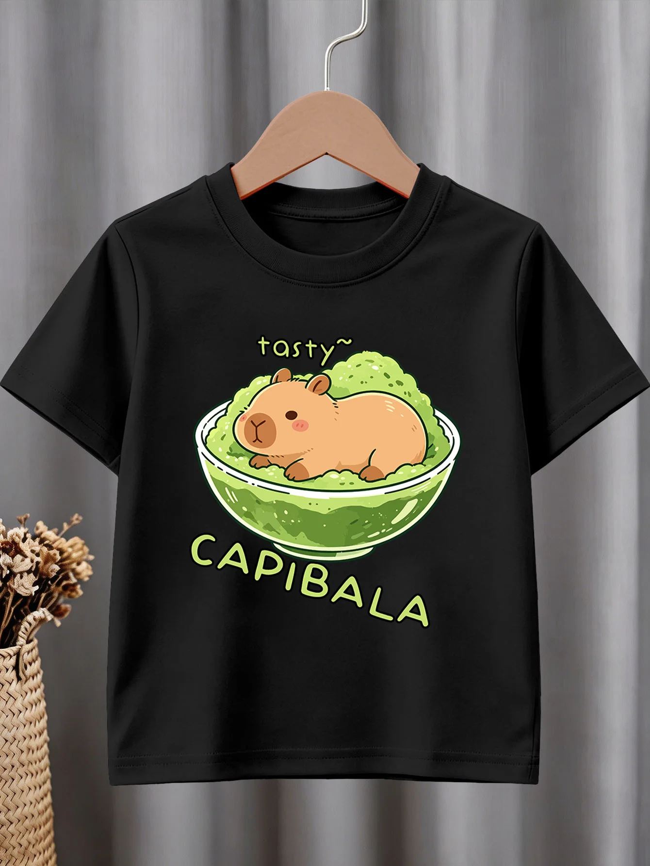 Cute Matcha Bowl Capybara Letter Print Graphic Kids Tee Boys Girls Family Matching Cotton Crew Neck Short Sleeve Soft Summer Tee