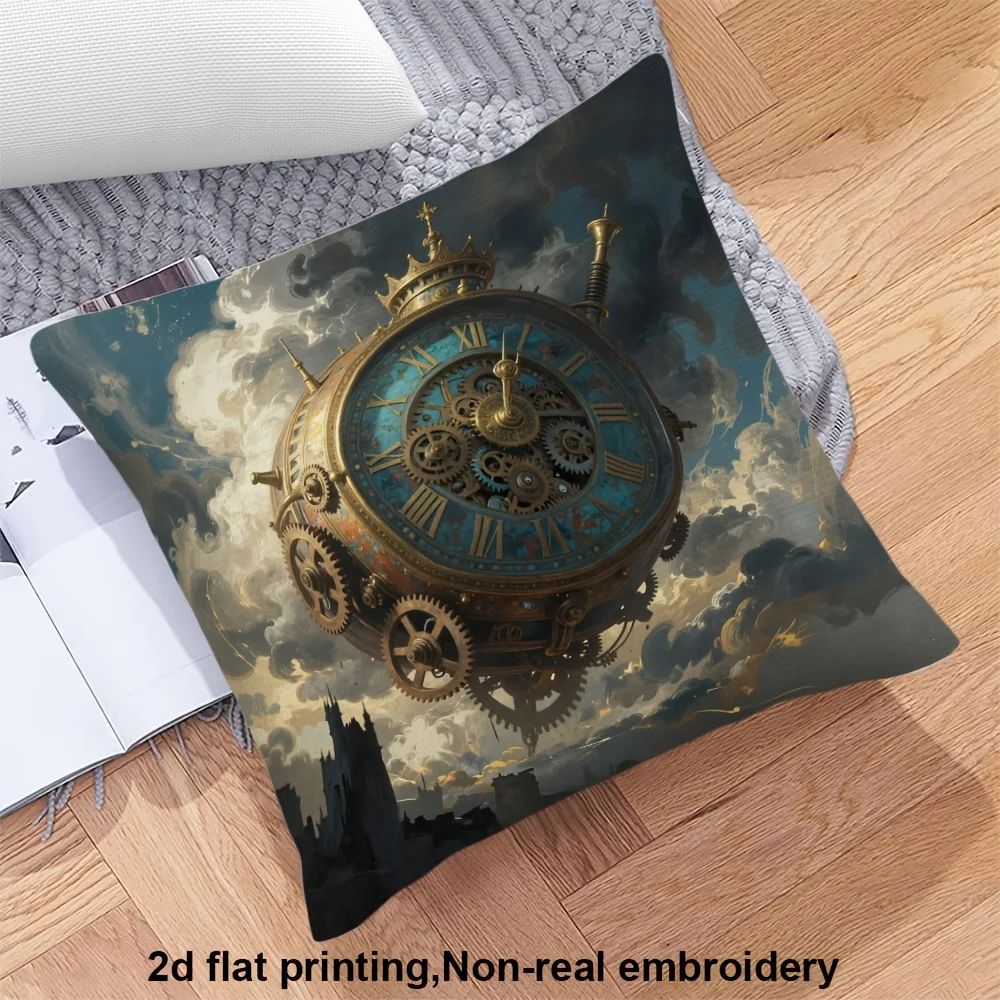 Steampunk Flying Clock Castle Throw Pillow Cover Cloud Sky Gear Vintage Cushion Case Home Decor Pillowcase