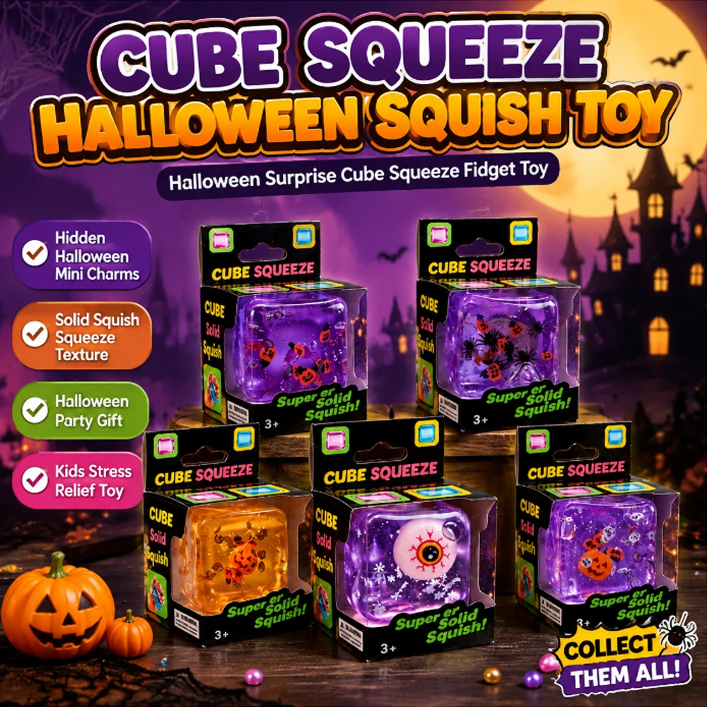 Halloween Surprise Cube Squeeze Fidget Toy Solid Squish Squeeze Toy with Hidden Halloween Mini Figures Anti-Stress Sensory Toy