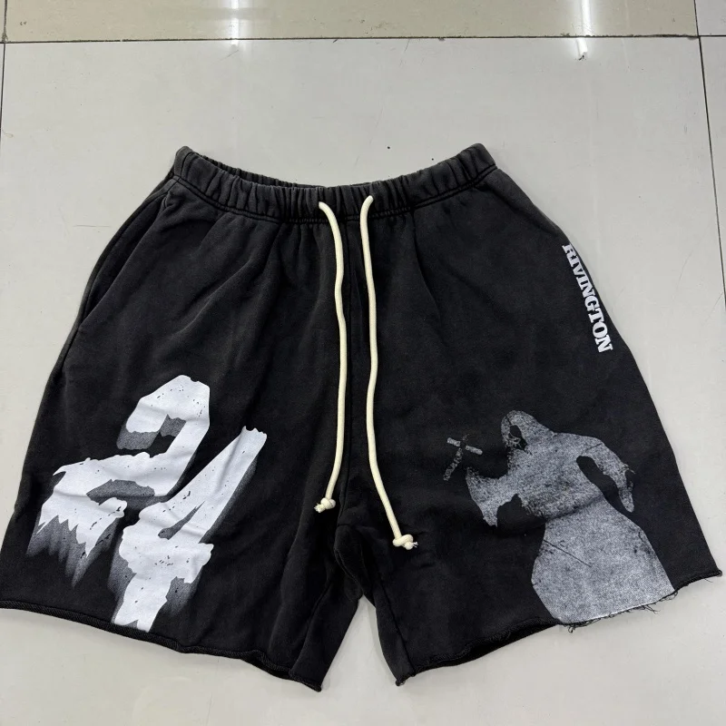 

Cotton Loose Sport Shorts RRR-123 Drawstring Slogan Print Athletic Casual Blue Black Summer Short Pants