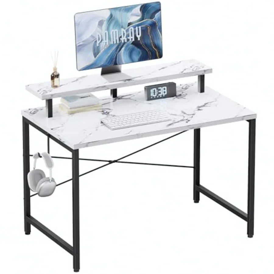 Small Computer Desk with Monitor Stand Simple Office Desk with Headphone Hook for Small Spaces Study Writing Table for Bedroom