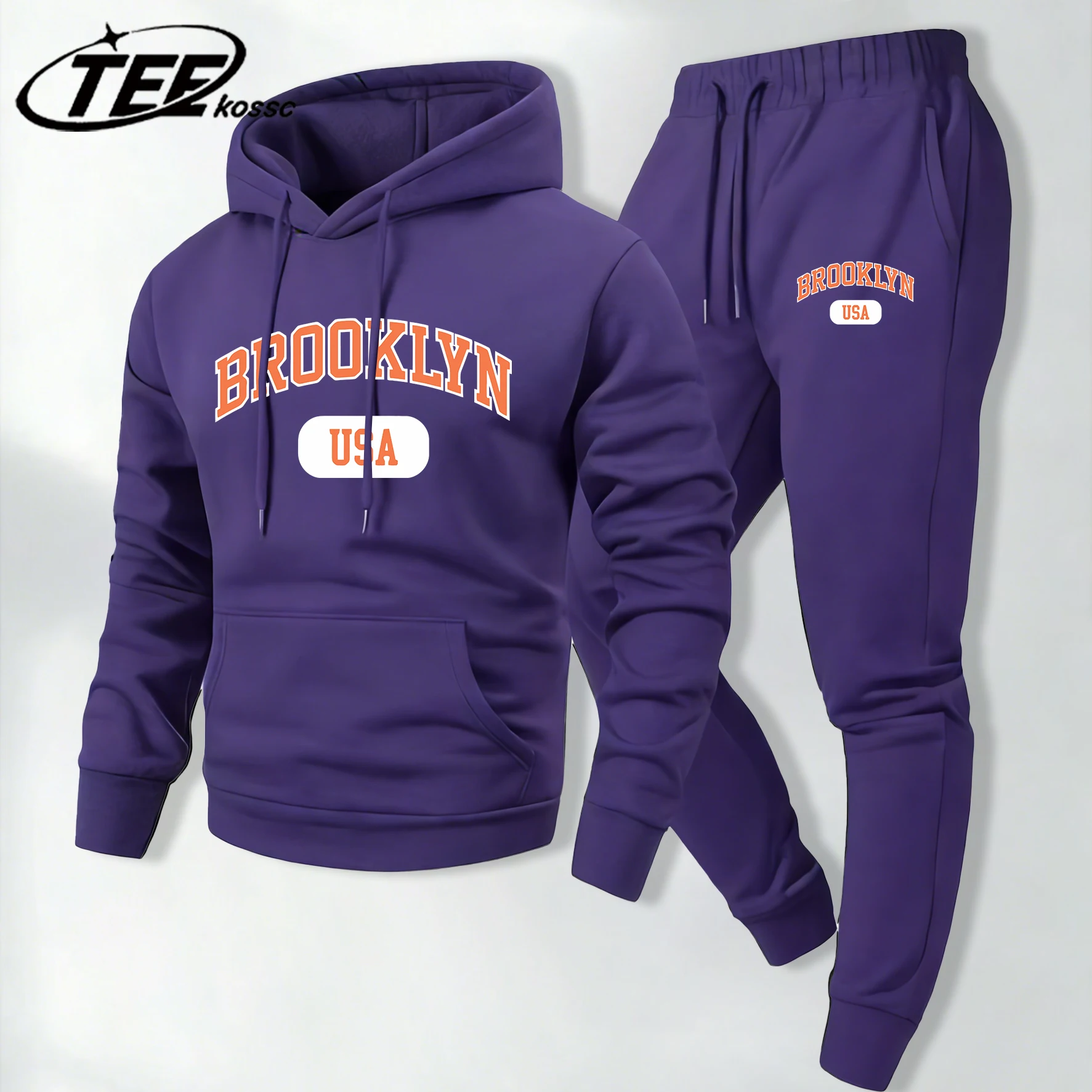 

Мужской худи с принтом «Бруклин, США», утепленный флисом, осенний спортивный костюм унисекс, свободные простые брюки
