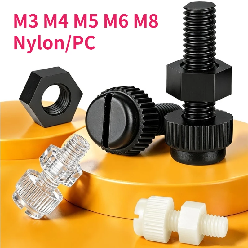 M3 M4 M5 M6 M8 Acrylic Clear Transparent Nylon PA66 White Black Plastic Knurl Slotted Head Toolless Thumb Bolt Screw Hex Nut Set