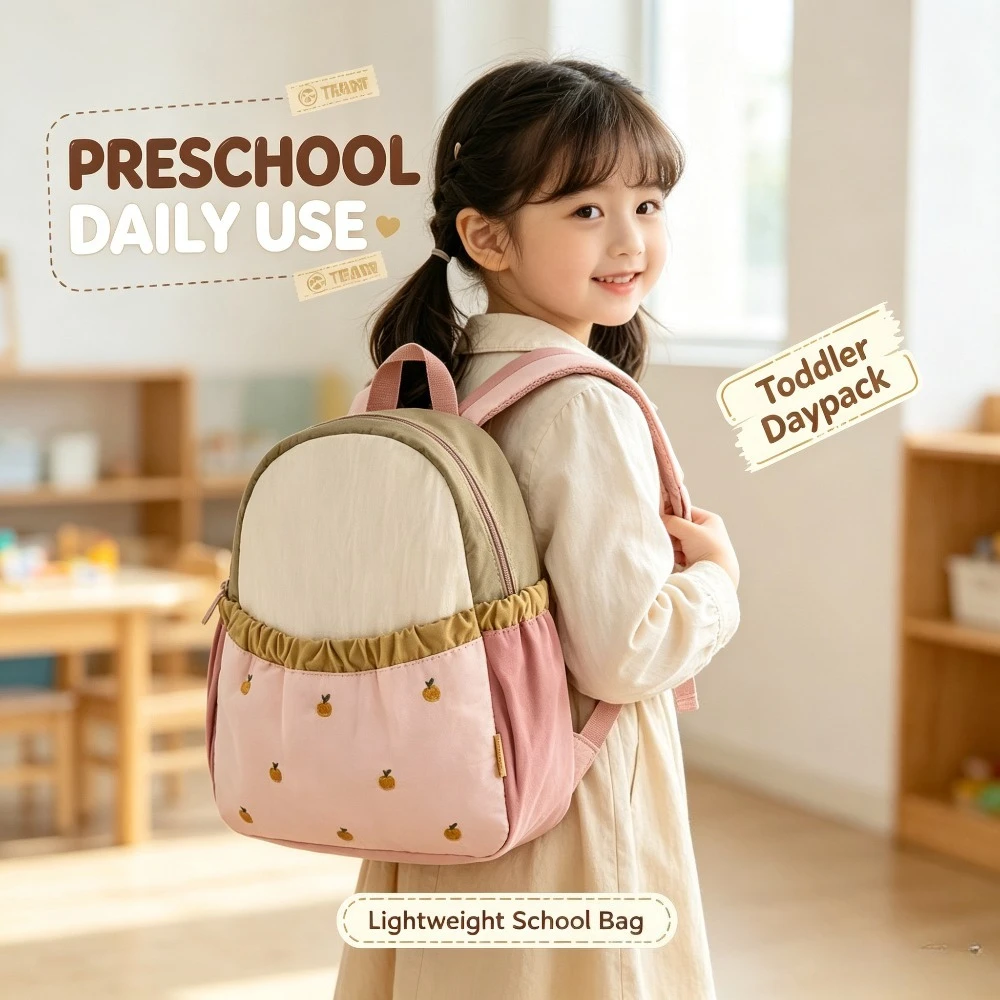YUBAI Cute Apple Embroidery Backpack Color‑Block Nylon Rucksack Lightweight School Bag Girls Outdoor Travel Bag