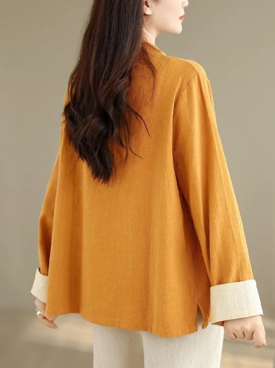 เสื้อผ้าสไตล์จีนโบราณ ผ้าฝ้ายลินิน แขนยาว ไซส์ใหญ่ สำหรับผู้หญิง ปกตั้งติดกระดุม สไตล์เซน ชุดชงชา เสื้อคลุมใส่ในฤดูใบไม้ร่วง