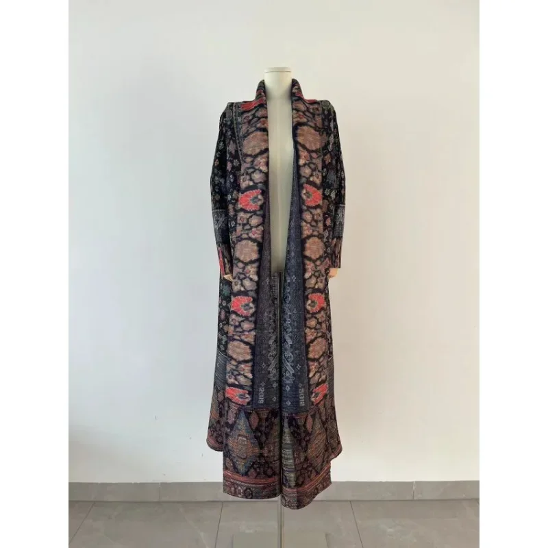 ALSEY Miyake Pleated Collar Retro Printed Dress Trench 2024 Spring New Belt Women Dubai Designer Original Fashion Loose Coat