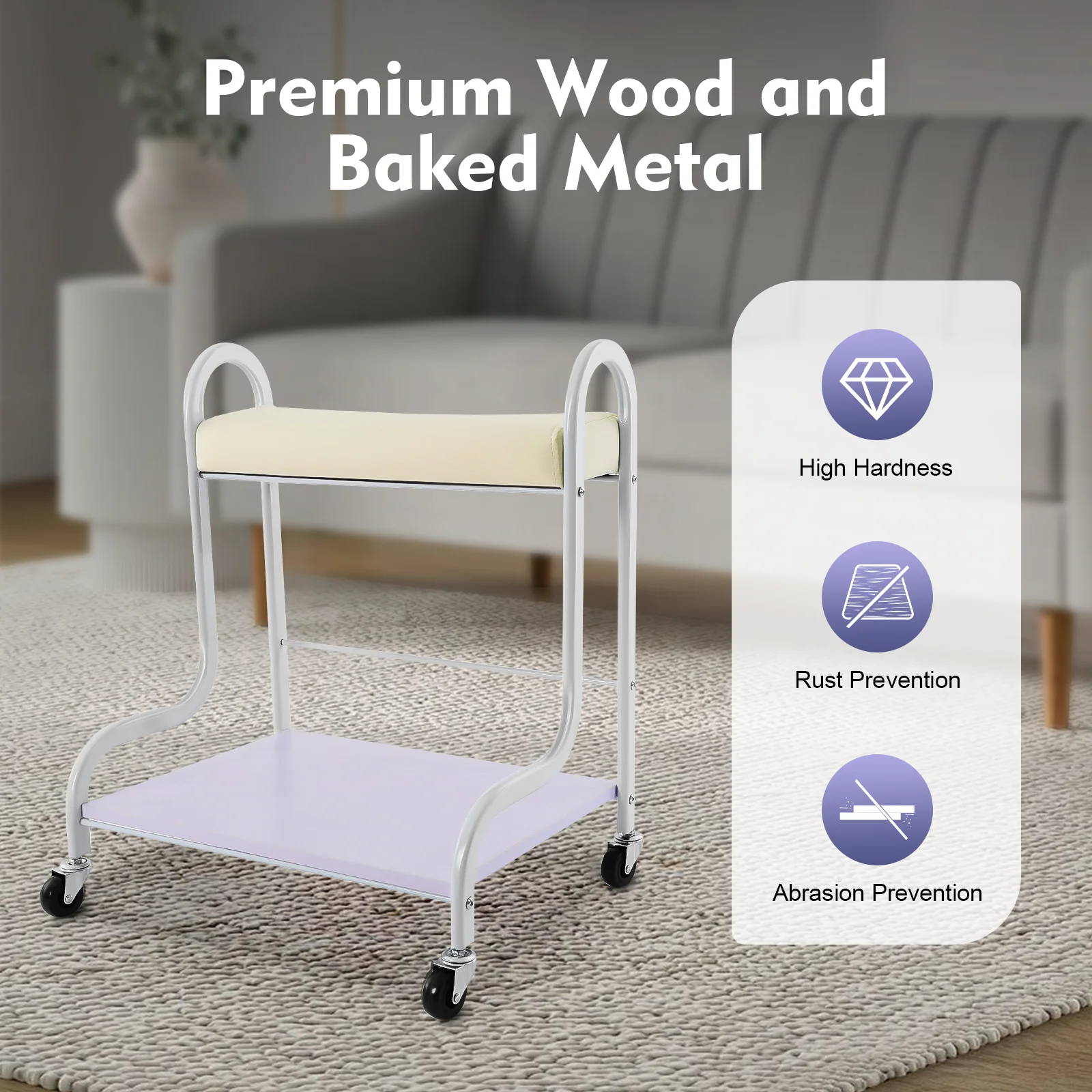 

Beauty Salon Nail Foot Bath Spa Trolley Cart White 2 Tiers 4 Swivel Wheels Metal Wood Indoor Floor Standing