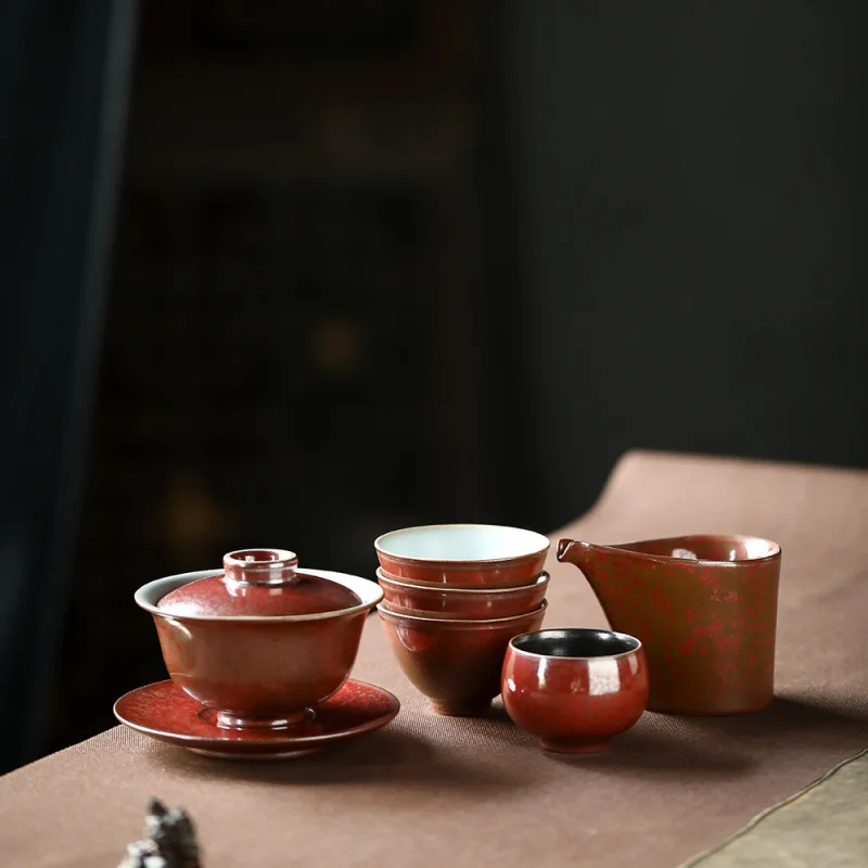 ★Copper Red Metal Glaze Gracked Glaze Supportable Gaiwan Set Jingdezhen Kiln Baked Ru Ware Tea Set Handmade Master Cup