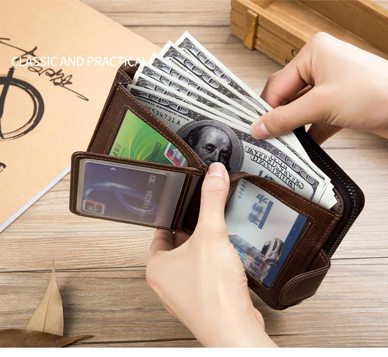 Cowhide men's genuine leather multi-slot organ card bag, buckle zipper driver's license short square wallet