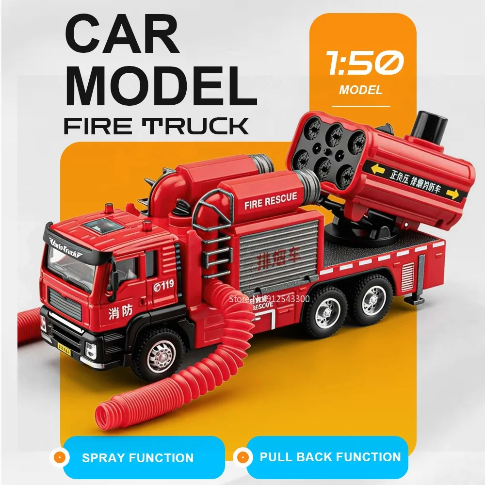 

1:50 Smoke Exhaust Fire Truck Water Tank Car Model Toy Doors Opened Pull Back Models Sound Light Cars for Boys Festival Gifts