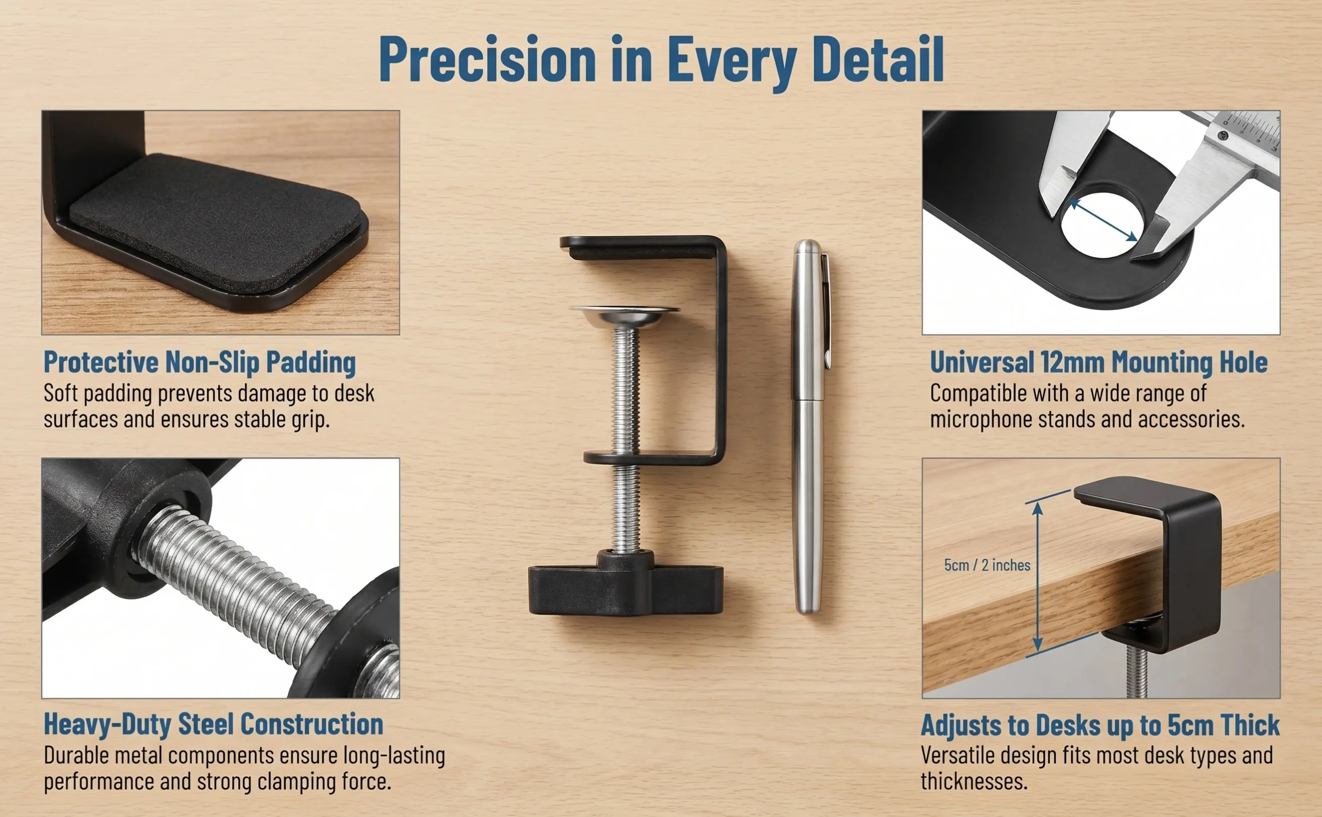 Metal Table Mount C-Clamp Adjustable Desk Clamp with Silicone Padding for Microphone Holding Studio and Stage Use