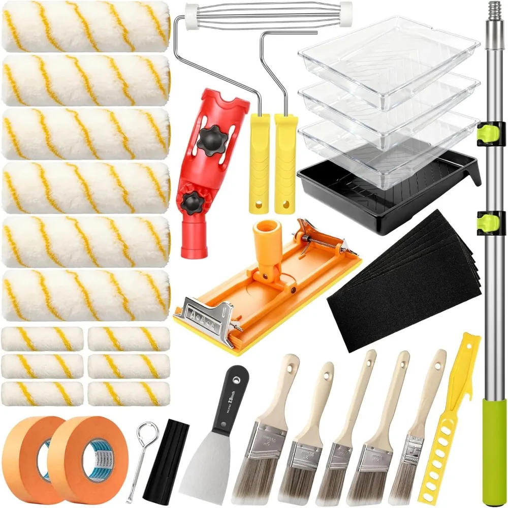 

38 Piece Paint Roller Kit with Extension Pole Rollers Brushes and Supplies for Walls Ceilings and Home Renovation