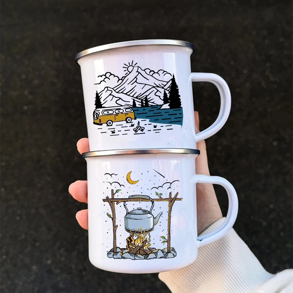 New Caravan Printed Camper Mugs Camping Enamel Mug Adventure Campfire Party Beer Juice Cup Mountain Handle Cups Gifts for Camper