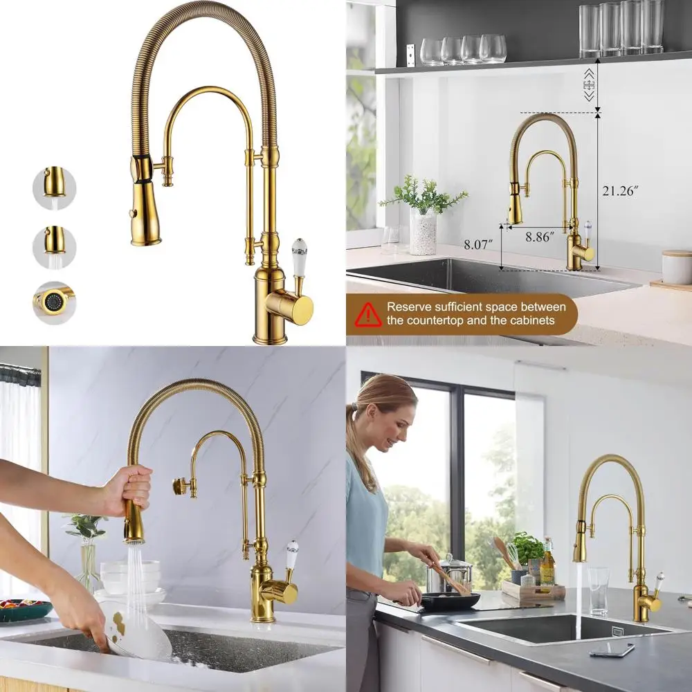

Traditional High-Arc Single Lever Spring Faucet with Pull-Out Spray and Swiveling Feature for Commercial Kitchen Sinks