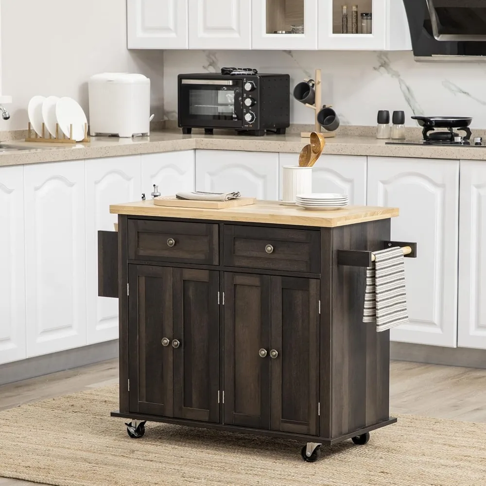 Kitchen Island on Wheels, Rolling Cart with Rubberwood Top, Spice Rack, Towel Rack and Drawers for Dining Room, Brown Oak