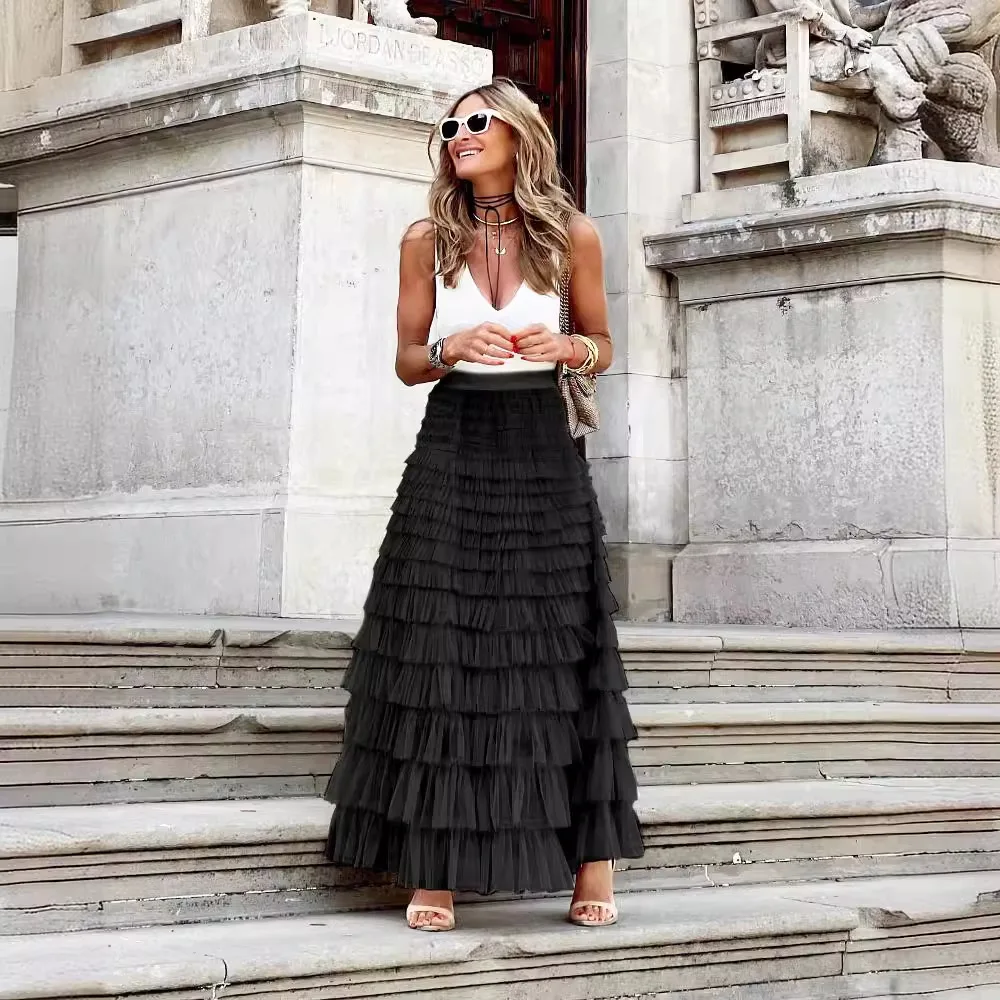 Customizable Summer Elegant High-waisted Cake Skirt Solid Color Loose-fit Long Dress For Commuting Pink Cake Patchwork Skirt