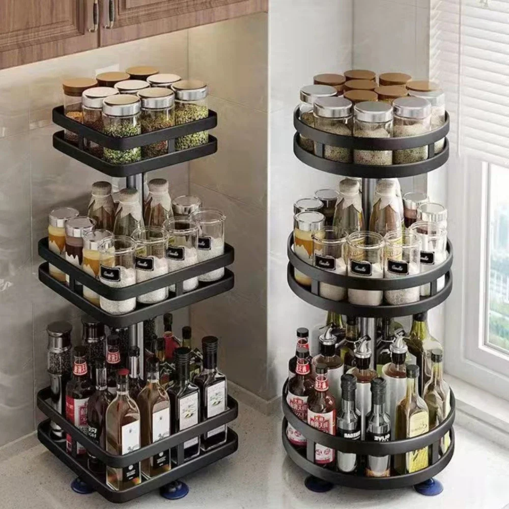 Rotatable Storage Rack Condiment Holder Salt Oil Sauce Vinegar Spice Jar Rack Seasoning Storage Box Kitchen Organizers Shelves