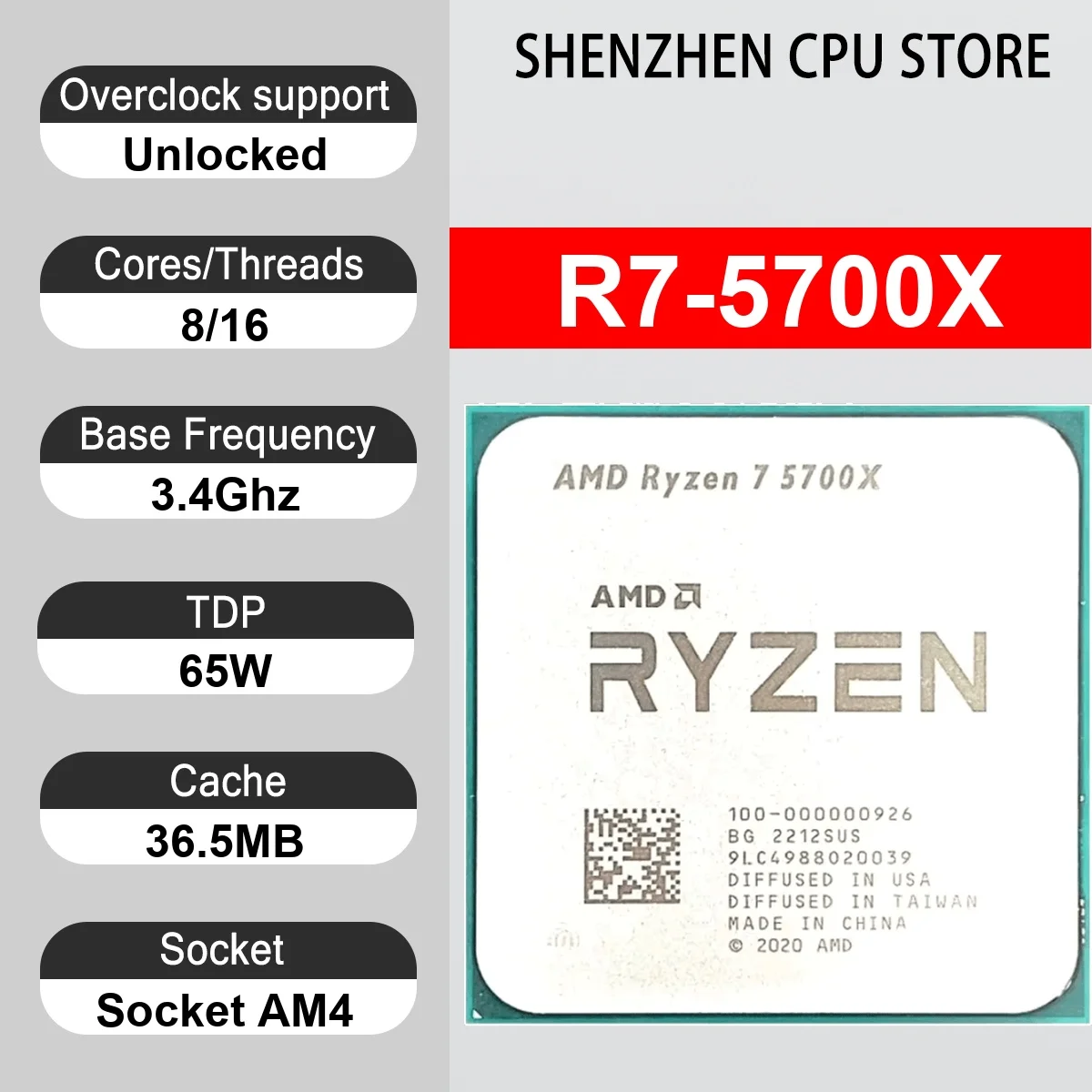 AMD Ryzen 7 5700X 8-Core 16-Thread 7NM 3.4GHz/4.6GHz L3=32MB 105W CPU Gaming Processor Socket AM4 DDR4 NEW No Cooler No Fan