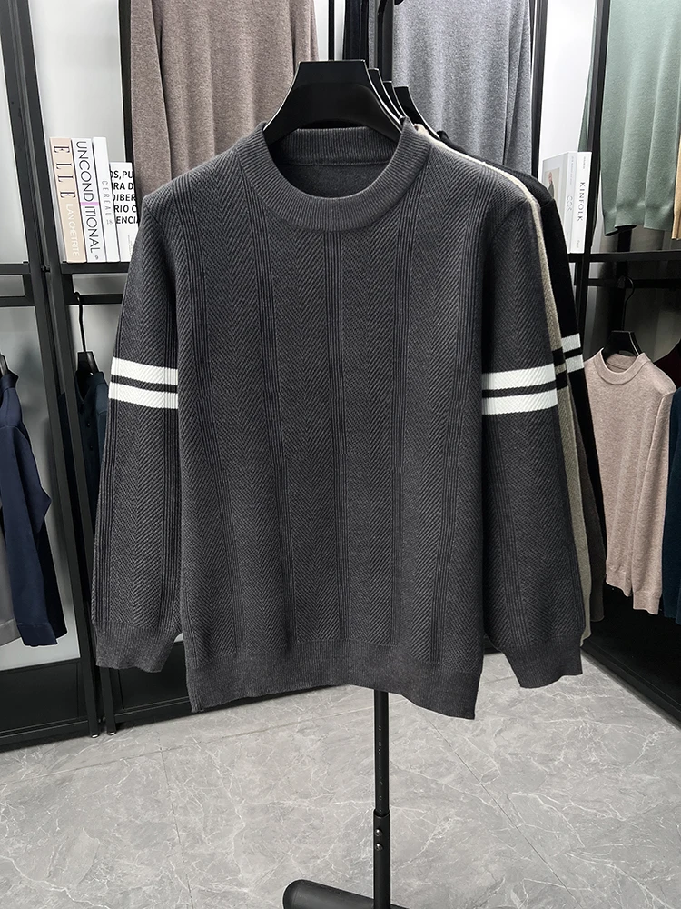 

Fashion jacquard knitted sweater high quality brand striped soft comfort warm pullover new trend casual round neck men's wear