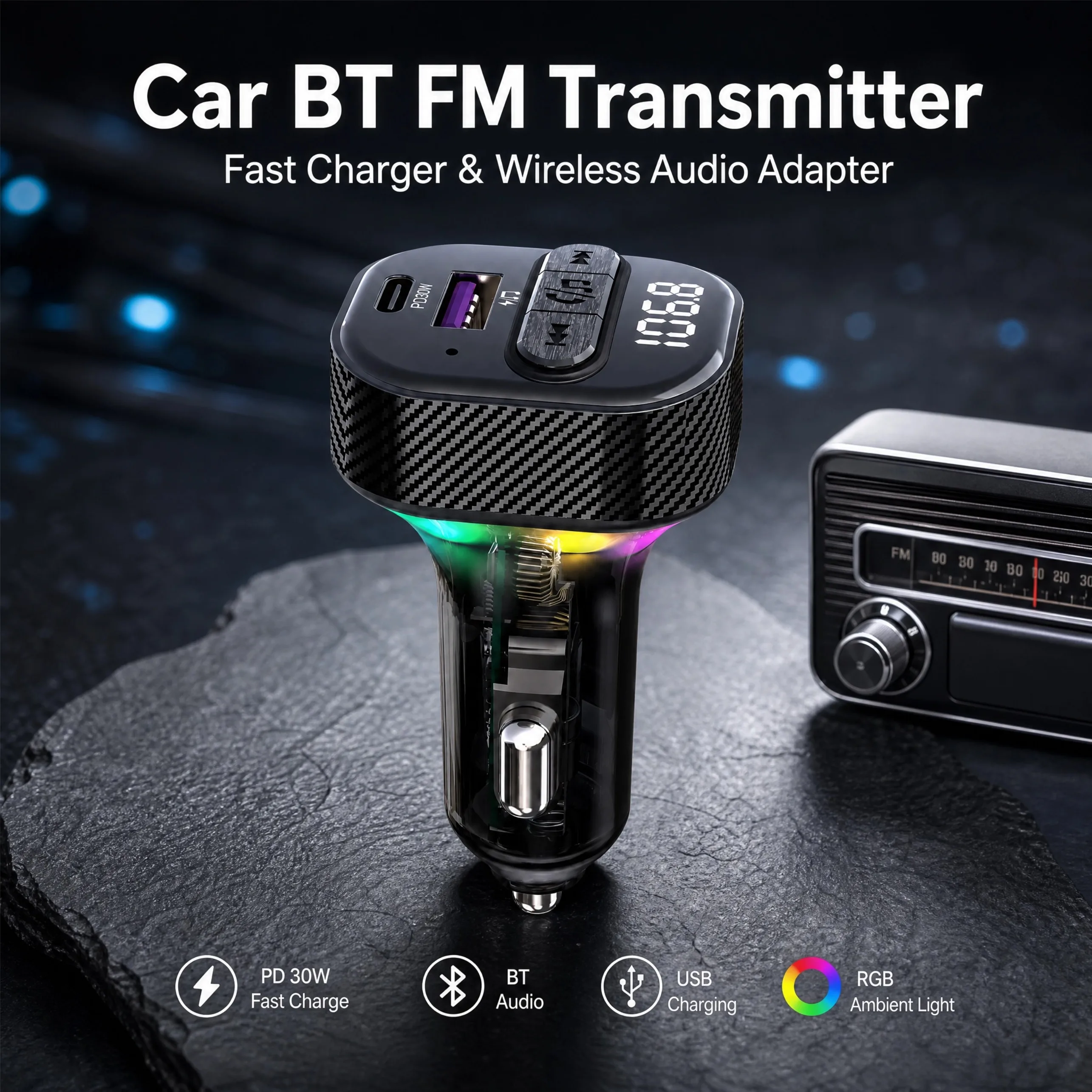 30W PD Fast Charging Car FM Transmitter Bluetooth Wireless Audio Adapter RGB Light Hands-Free Calls MP3 Player Car Kit