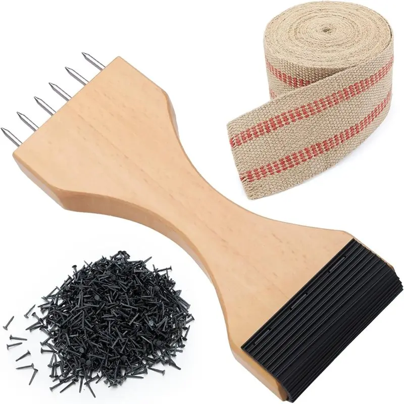 

B14C Furniture Repair Kit-For Craft Upholstery Tool Set Featuring 3.5" Burlap Webbing Tape, 115Pcs 1/2" Black Tacks