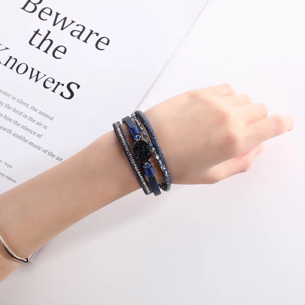 البوهيمي متعدد الطبقات جلدية التفاف سوار للنساء كريستال حجر حلية ريترو معصمه أساور أنثى موضة مجوهرات الحفلات