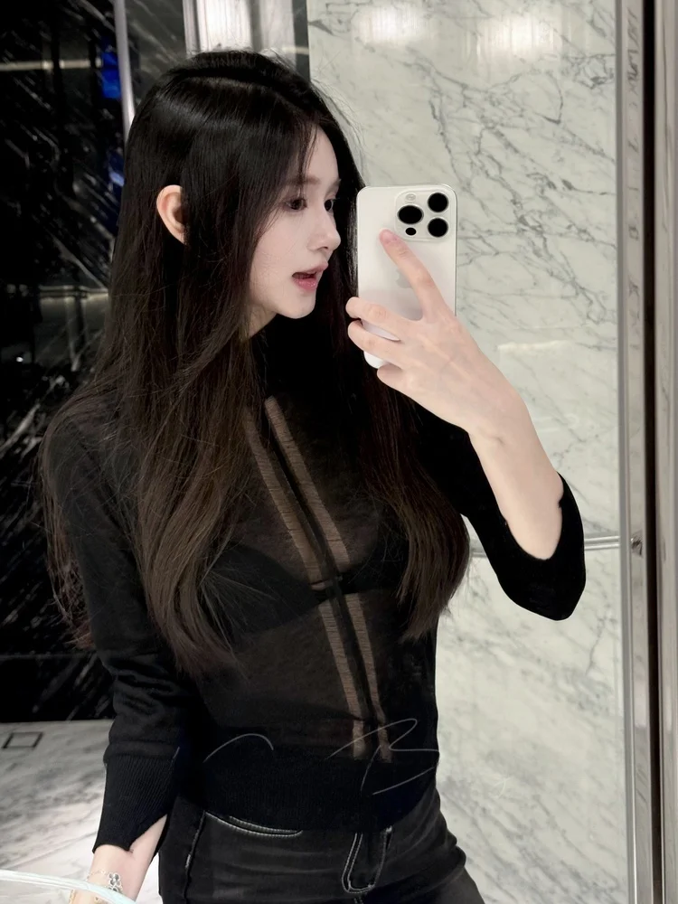 

Женский приталенный шерстяной топ Wing Tease с высоким воротником, сексуальный, прозрачный, базовый, осенне-зимняя новинка