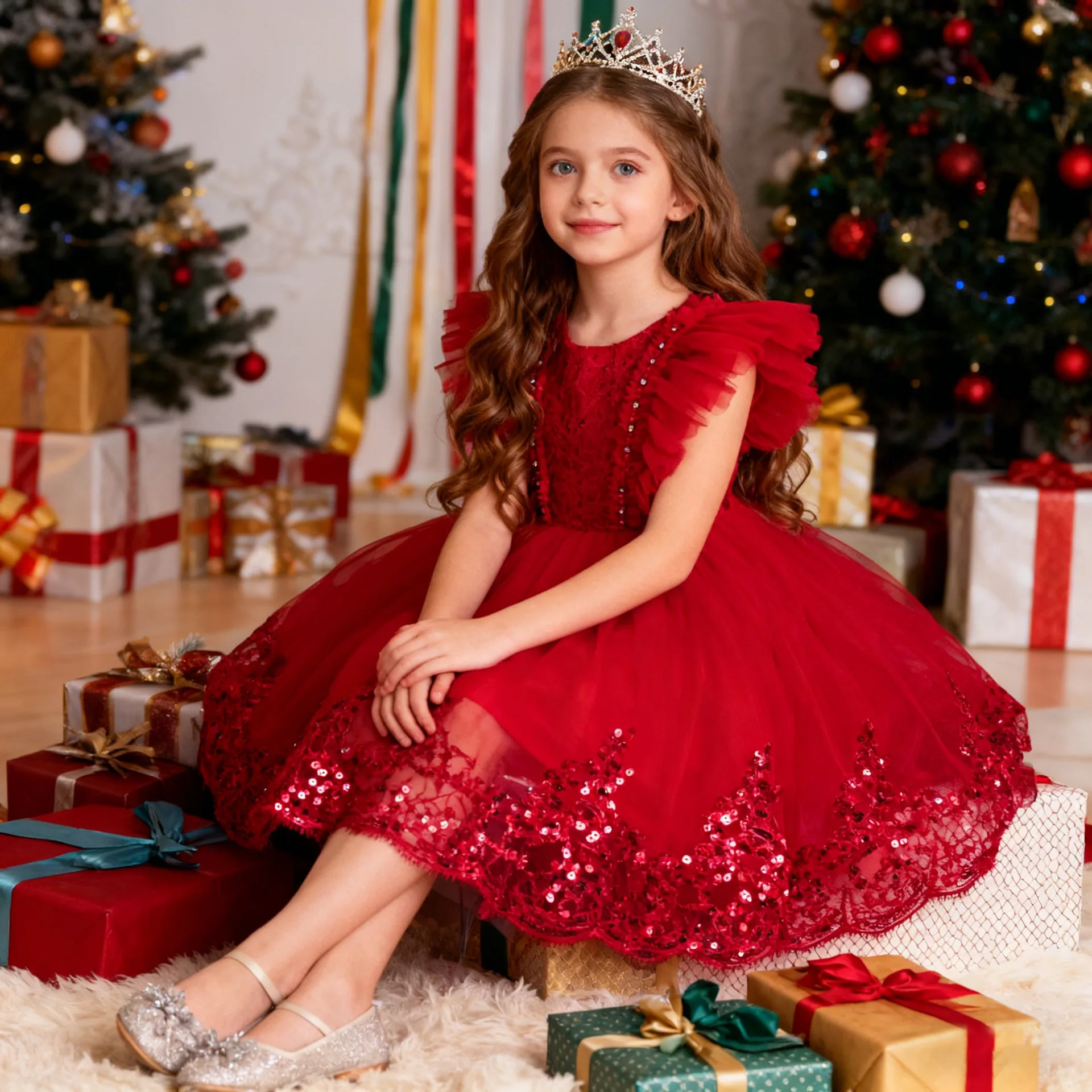 

Girls' 2-10 Years Dress Lace Sequin Ruffle Sleeve Princess Style Dress Formal Wedding Party Birthday Gown For Special Occasions