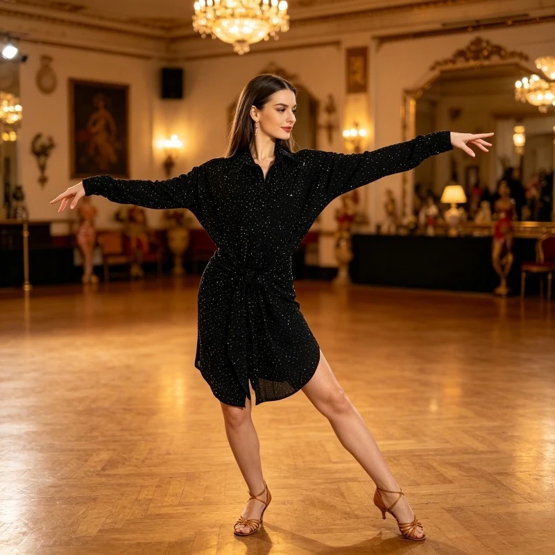 

Women Rhinestone Lapel Shirt Dress Waist Tie High Slit Long Sleeve Latin Dance Dress Samba Cha Cha Tango Stage Competition