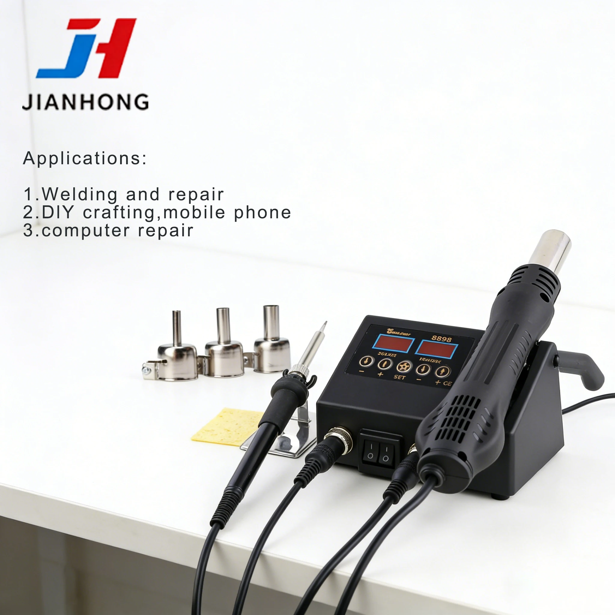JH 2-in-1 Hot Air Rework & Soldering Station Digital Temperature Control for SMD & PCB Repair Anti-scald Handle for Phone & DIY