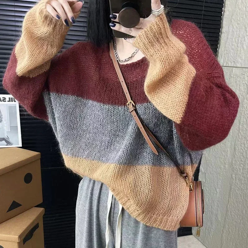 Female Loose Fashion Round Neck Striped Knitted Pullovers Autumn Winter Women's Clothing Long Sleeve All-match Patchwork Sweater