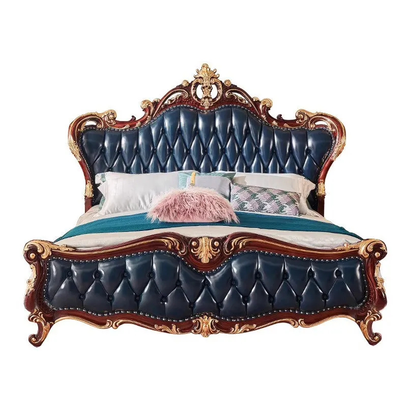 ^European-style Genuine Leather Double Bed Solid Wood Rosewood Carved Upholstered Headboard Storage Space Red 180-200cm Widths