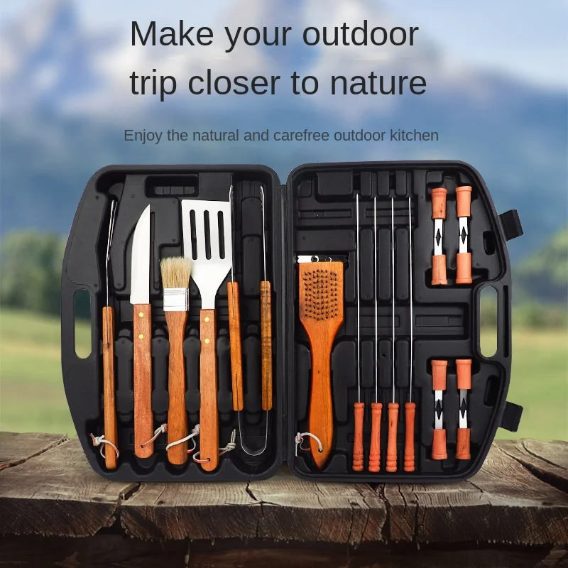 

18 Piece Barbecue Set Barbecue Tool Combination Set Barbecue Accessories Stainless Steel Wooden Handle Portable Suitcase BBQ Set