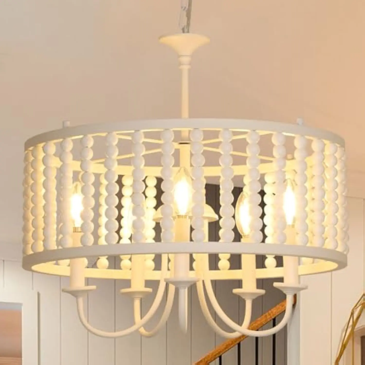 

Farmhouse Chandeliers for Dining Room, 5-Light Boho Wood Chandelier Light Fixture with Solid Wood Beaded Shade, Modern Drum C