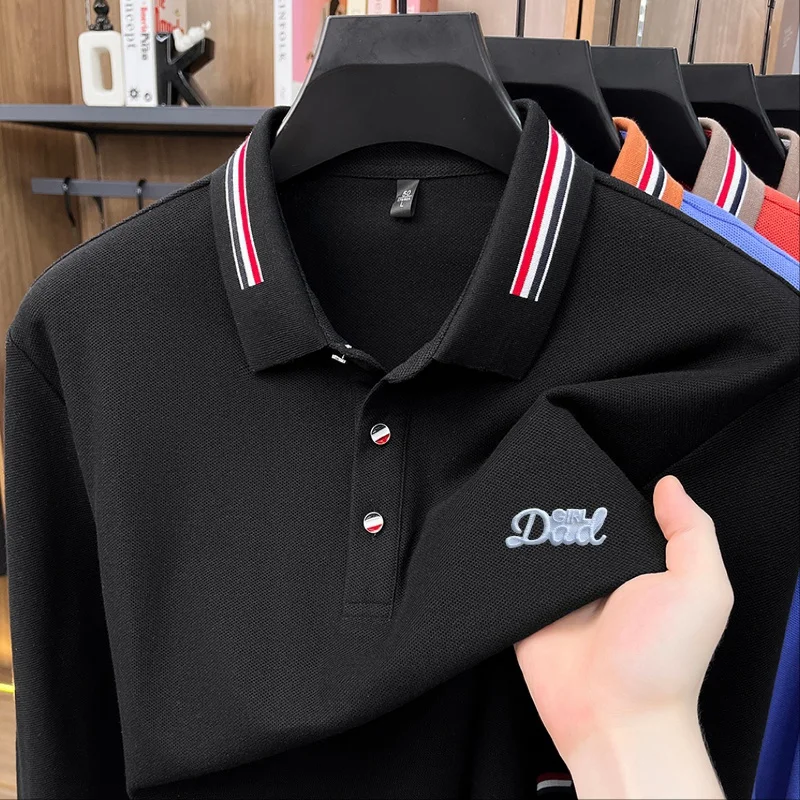 High Quality Man 100% Cotton Long-Sleeved Polo Shirt Lapel Button Letter Embroidery Autumn New Snug Leisure Versatile Men's Tops