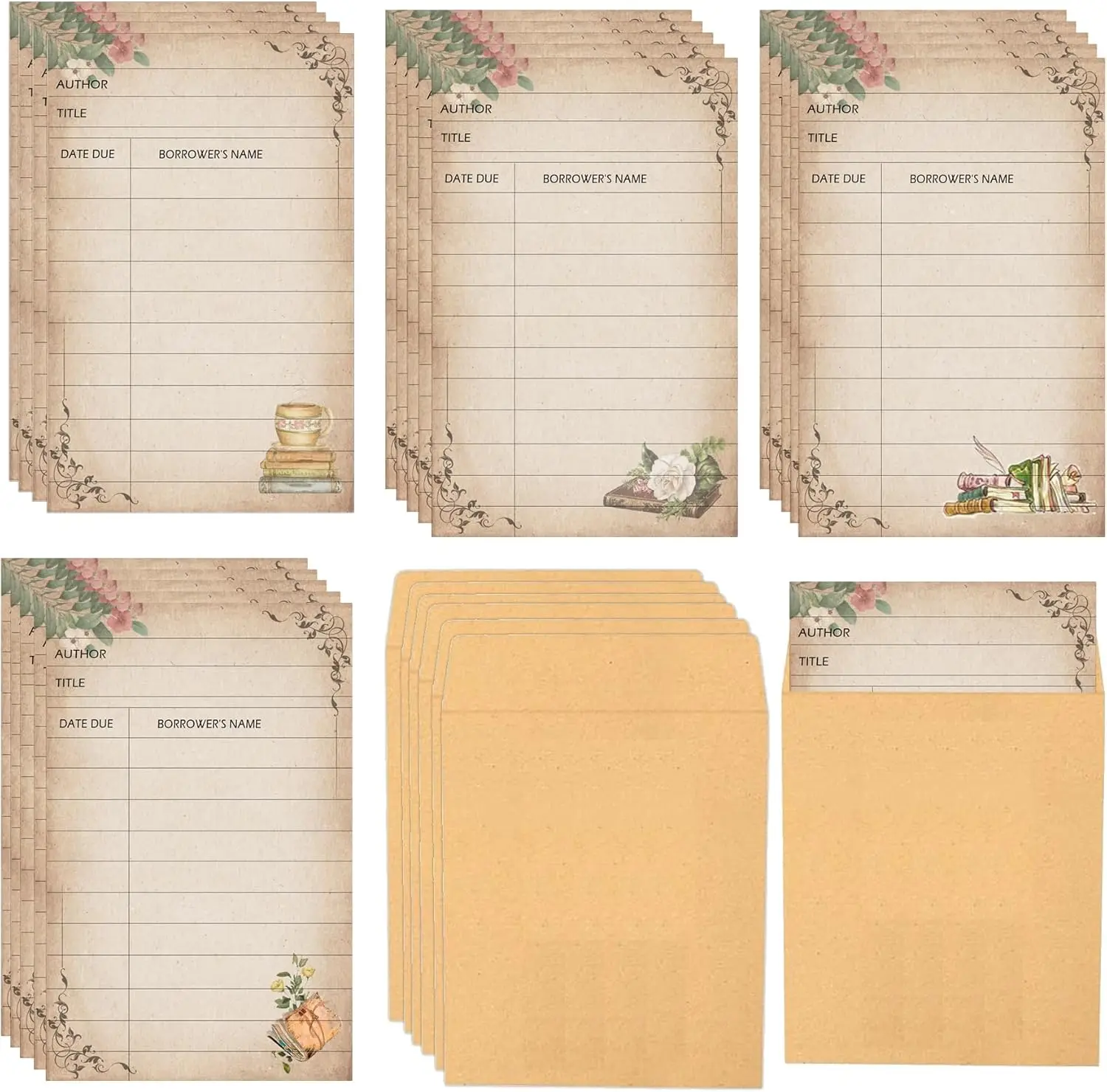 Library Card Pocket with Envelopes 80 Pack Self Adhesive Book Checkout out Cards - Due Date Note Cards Vintage Library Card Read