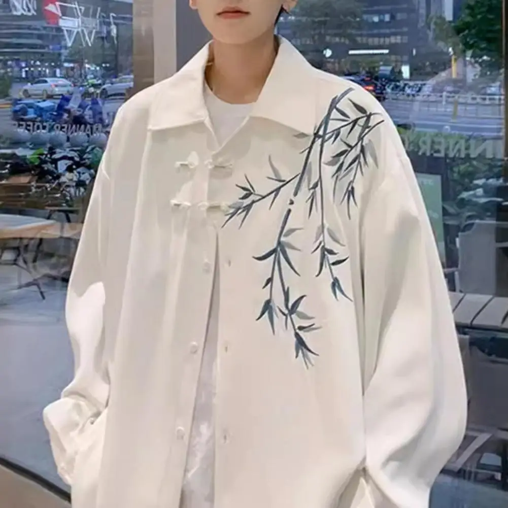 Spring Men Shirt Chinese Style Bamboo Embroidery Cardigan for Men Retro Tang Suit Inspired Top Coat with Turn-down Collar Loose