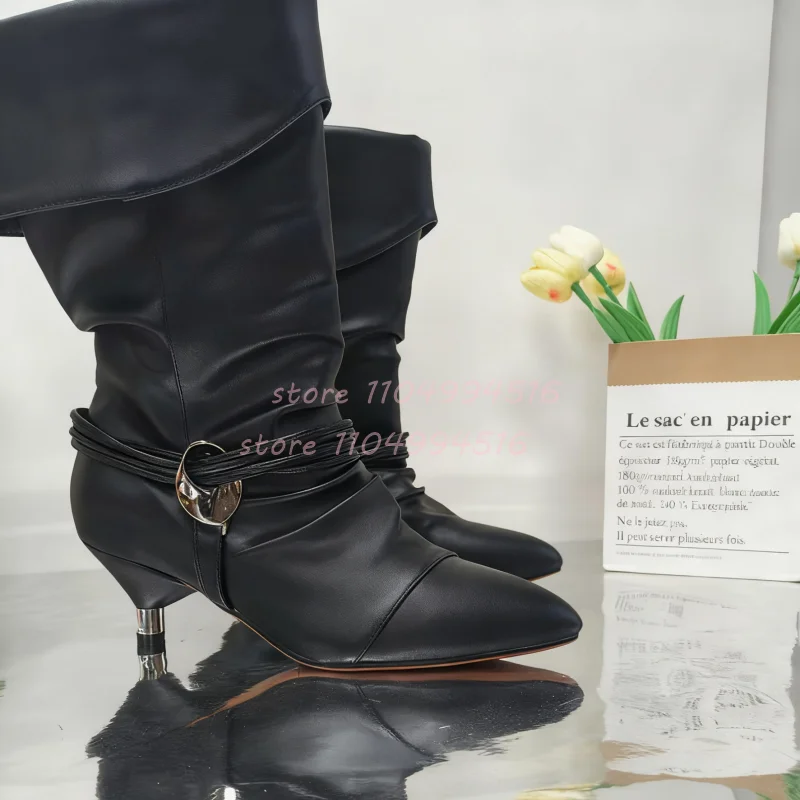 هامش ديكور معدني كعب رقيقة أحذية بوت قصيرة النساء مطوي أشار تو حذاء من الجلد الموضة العصرية الخريف الشتاء حفلة سيدة الأحذية #3