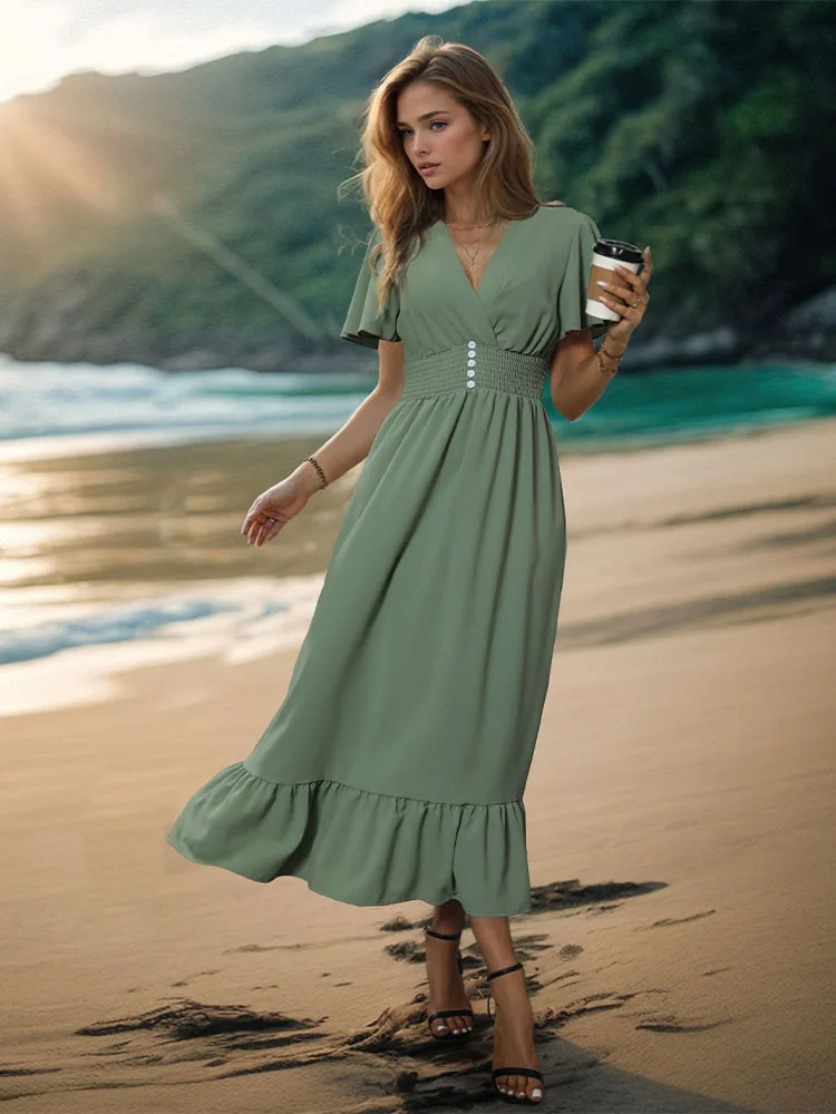 Summer dress waist tied casual vacation short sleeved pleated classic vacation Short level V-neck Green Dresses 2024